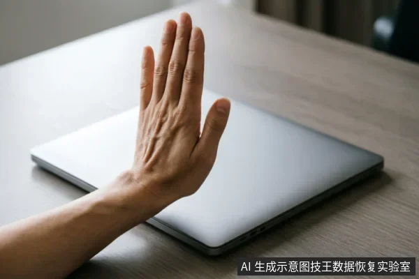 一只手掌在闭合的笔记本电脑前做出停止的手势，示意立即停止操作。画面直观传达了在电脑故障或数据丢失时，应遵循“通常禁令”，避免继续通电、写入或反复重启，以保护原始介质并防止二次损坏的核心原则。