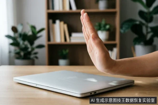 画面展示了一只手在闭合的银色笔记本电脑前做出“停止”的手势,背景为带有书架和绿植的桌面环境。该场景直观地传达了在面对设备故障时,应立即停止通电尝试或软件操作,保持静置隔离以保护数据安全的理念。