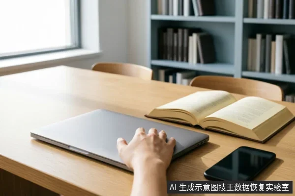 A hand resting on a closed silver laptop on a wooden desk next to an open book and smartphone, illustrating the concept of stopping device activity.