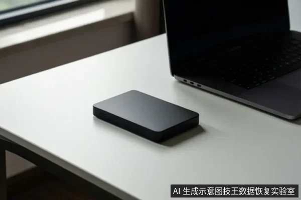 白色桌面上放置一台打开的笔记本电脑,旁边有一个黑色移动硬盘,未连接线缆。