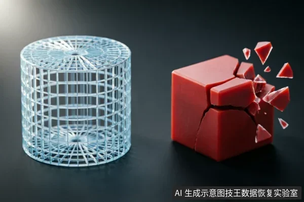 画面左侧为一个完整的蓝色线框圆柱体,右侧为一个正在碎裂崩解的红色立方体。两者并置形成对比,象征数据从逻辑完好到物理损坏或结构崩溃的状态变化。
