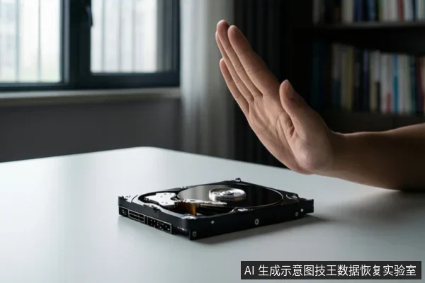 白色桌面上放置一块打开的机械硬盘，右侧一只手掌竖直伸出，做出停止或禁止靠近的手势，背景为窗户和书架。