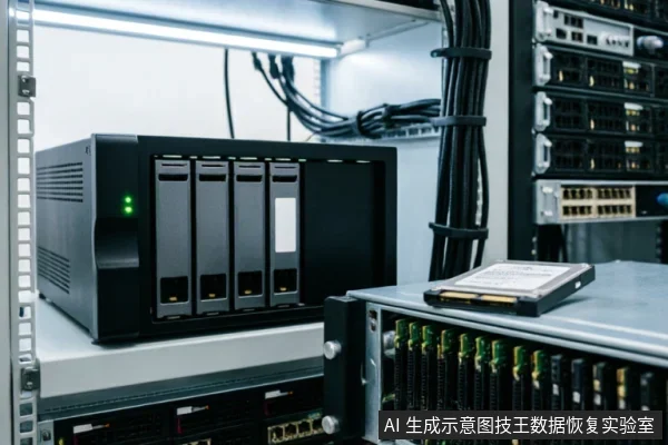 服务器机柜内部特写,左侧为带有绿色指示灯的四盘位NAS存储设备,右侧机架上有密集的线缆管理。前景的一台银色服务器设备顶部放置着一块裸露的机械硬盘,展示了数据中心硬件环境。