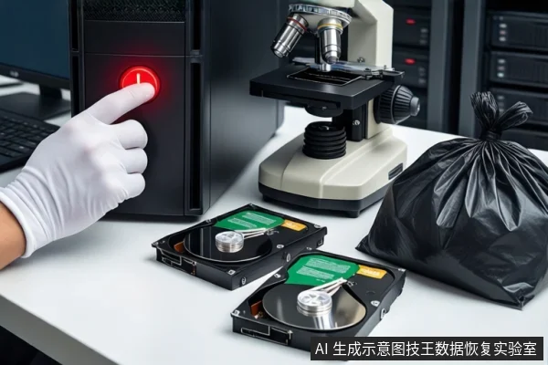 白色桌面上,一只戴白手套的手正按压黑色塔式主机的红色电源按钮。前景平放两块打开外壳的机械硬盘,右侧有一个黑色垃圾袋,背景可见显微镜和服务器机柜。