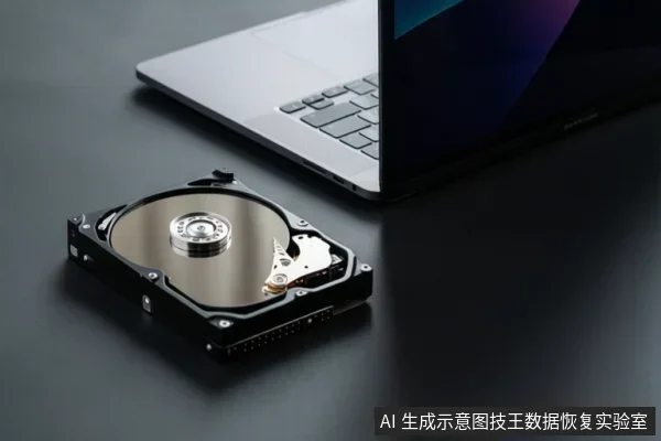 黑色桌面上放置一块打开顶盖的机械硬盘,可见金属盘片、主轴和磁头臂;后方有一台打开的笔记本电脑。