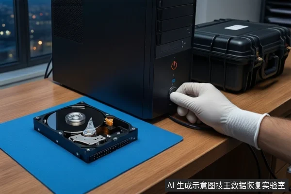 木质桌面上，一只戴白色手套的手正按压黑色台式主机前部的电源按钮。主机前方蓝色防静电垫上平放一块打开外壳的机械硬盘，右侧放置一个闭合的黑色防震箱。背景为模糊的窗户和城市夜景。