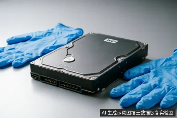 一只戴着蓝色防静电手套的手轻扶着一块黑色机械硬盘,另一只手套放置在旁。画面展示了在设备异常时佩戴防护装备接触原盘的场景,直观体现了保护原始介质、防止二次损坏的专业操作原则。