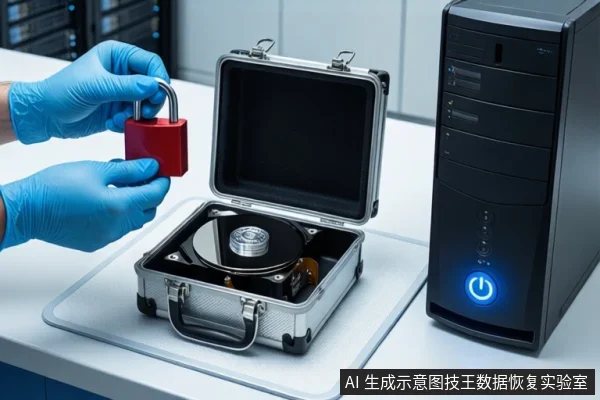 白色桌面上，前景一双戴蓝色手套的手持红色挂锁悬停在打开的银色金属防震箱上方，箱内平放一块打开外壳的机械硬盘。右侧竖立一台黑色塔式主机，正面电源按钮亮蓝光。背景为模糊的服务器机柜。