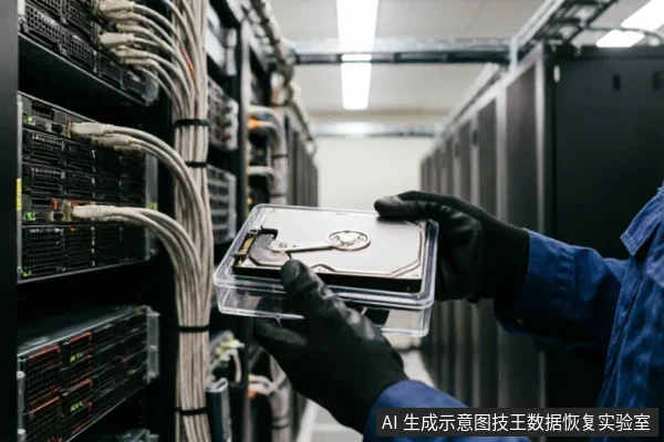 一名身穿蓝色工装、佩戴黑色防静电手套的技术人员,在服务器机房环境中双手托举着一个装在透明防静电盒内的3.5英寸机械硬盘。背景可见排列整齐的服务器机柜及连接线缆,展示了数据恢复检测中的硬件处理场景。