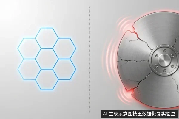 左侧为蓝色发光六边形网格图案,象征逻辑数据或软件结构;右侧为一个严重破裂、带有裂纹并散发红色光晕的金属机械硬盘盘片。两者通过虚线分隔,直观对比了逻辑层面的完整与物理硬件的严重损坏。