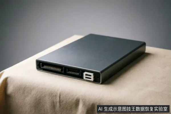 图中展示了一个黑色的移动硬盘盒，侧面清晰可见SATA数据接口、电源接口以及USB输出接口。设备放置在米色布面上，展示了将内置硬盘转换为外部存储介质的硬件形态及连接方式。