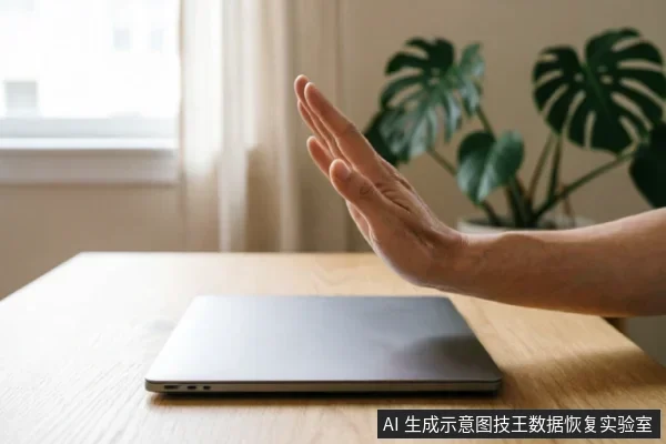 一只手掌在闭合的笔记本电脑前做出明确的停止手势,示意拒绝操作或切断连接。背景为明亮的室内桌面与绿植,画面传达出紧急止损、禁止通电或隔离设备的警示含义,契合数据恢复中防止二次损伤的原则。