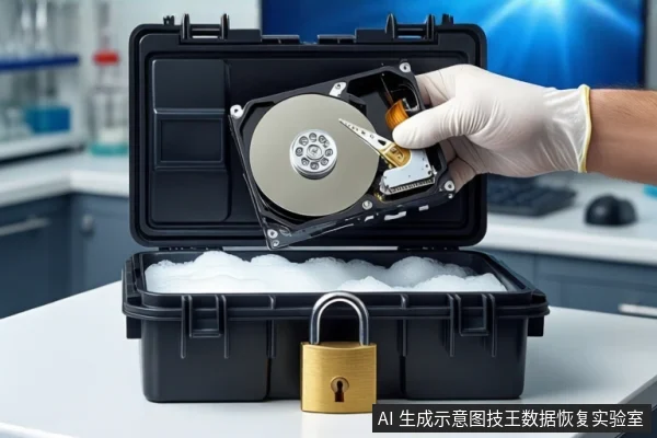白色台面上,一只戴白手套的手正握持一块打开外壳的机械硬盘,将其悬停在一个打开的黑色防震箱上方。箱内填充着白色泡沫,箱体正面挂着一把金色挂锁。背景为模糊的实验室环境。