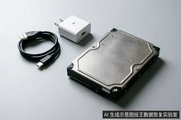 画面展示了一块裸露的机械硬盘、一根USB数据线和白色电源适配器,三者在灰色背景上独立摆放。未展示连接状态或操作动作,仅作为硬件组件的静物示意。