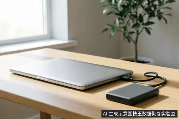 一张木质办公桌上，一台银色笔记本电脑处于闭合状态，侧面通过黑色数据线连接着一个深灰色的外接移动硬盘盒。背景有明亮的窗户和一盆绿植，画面展示了笔记本与外部存储设备的物理连接场景。