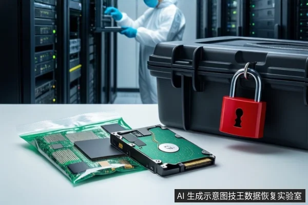 白色桌面上,前景左侧为透明袋装绿色电路板,中间平放一块打开外壳的机械硬盘,右侧为一个挂有红色挂锁的黑色防震箱。背景为模糊的服务器机柜和一名穿无尘服的技术人员。