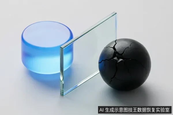 画面展示了一个发光的蓝色圆柱体、一块竖立的透明玻璃板和一个表面布满裂纹的黑色球体。三者呈线性排列，玻璃板位于中间起到阻隔作用，象征在数据恢复过程中对故障硬件的隔离与保护。