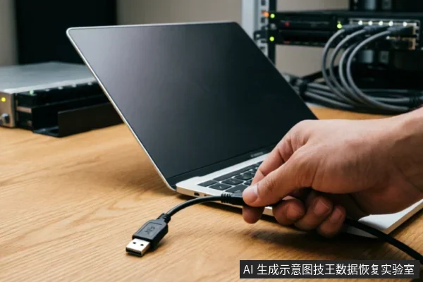 一只手正将黑色USB数据线插入银色笔记本电脑的侧面接口，背景可见带有指示灯的服务器机架设备，桌面为木质纹理。