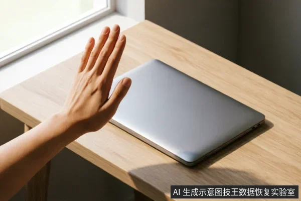 一只手掌在闭合的笔记本电脑前做出停止或拒绝的手势,阳光从左侧窗户照射在浅色木纹桌面上。画面通过肢体语言直观传达“停止操作”、“切勿干预”或“保持现状”的含义,象征在存储设备故障时避免盲目格式化或扫描的安全止损原则。