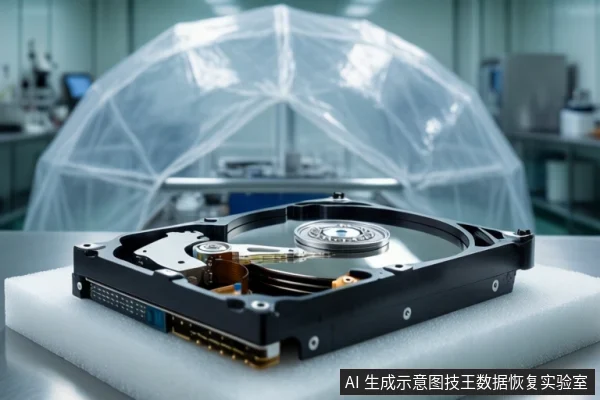 白色泡沫垫上平放一块打开外壳的机械硬盘,可见盘片、主轴和磁头臂。背景为洁净室环境,有一个大型透明防护罩和模糊的实验室设备。