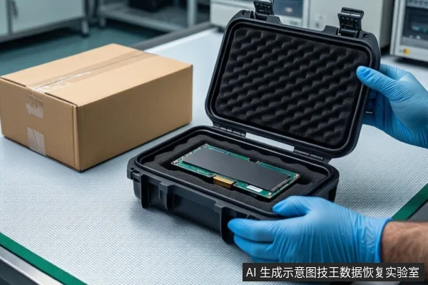 白色防静电工作台上,一双戴蓝色手套的手正打开一个黑色防震箱,箱内放置一块M.2固态硬盘。左侧平放一个封好的棕色快递纸箱,背景为模糊的实验室设备。