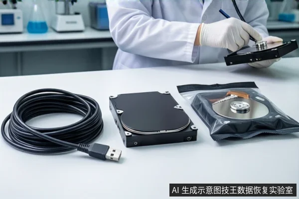 白色桌面上,左侧盘绕着一根黑色USB数据线,中间平放一块黑色机械硬盘,右侧防静电袋内装有一块打开外壳的硬盘。背景中一名穿白大褂的技术人员戴手套正在操作硬盘。