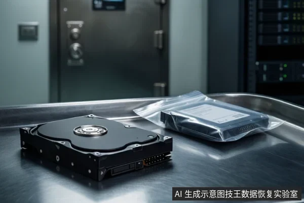 金属托盘上放置一块裸露的机械硬盘和一块装在防静电袋中的固态硬盘,背景为模糊的服务器机柜与金属柜门。