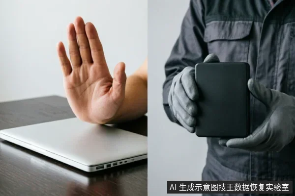 左侧画面展示一只手在笔记本电脑前做出拒绝的手势,象征停止操作;右侧画面为身穿工装、戴手套的人员双手持握黑色移动硬盘,暗示专业检测或物理介质处理。