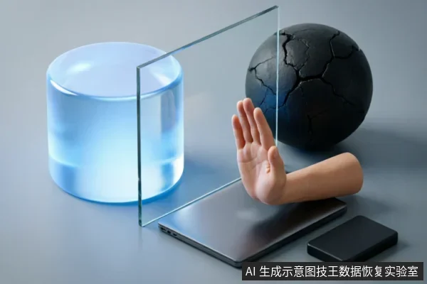 画面展示了一块玻璃板作为屏障,一只肉色手掌在板后伸出做出“停止”手势,阻挡了前方发光的蓝色圆柱体。背景中有一个表面布满裂纹的黑色球体,前景放置着笔记本电脑和移动硬盘。整体呈现抽象的防护与阻断概念。