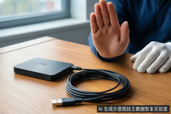 木质桌面上放置一个黑色移动硬盘和一根盘绕的黑色USB线缆。右侧一只未戴手套的手掌心朝外做出停止手势,另一只戴白色手套的手平放在桌面上。背景为模糊的窗户。
