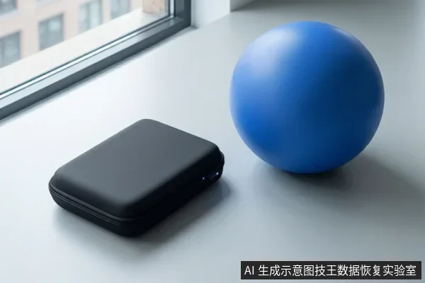 白色桌面上放置一个黑色移动硬盘盒和一个蓝色球体,背景为窗户。