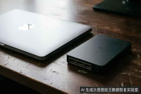 一张木质桌面上放置着一台闭合的银色笔记本电脑和一个黑色的多口USB集线器或硬盘盒。画面聚焦于桌面设备，未显示屏幕内容或连接细节，呈现静态办公场景。