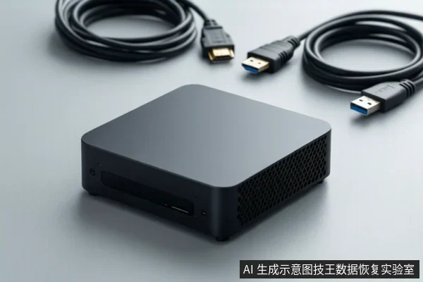 灰色桌面上平放一台黑色方形迷你主机，侧面有散热孔和接口。上方盘绕着三根黑色线缆，接口分别为HDMI、DisplayPort和USB。