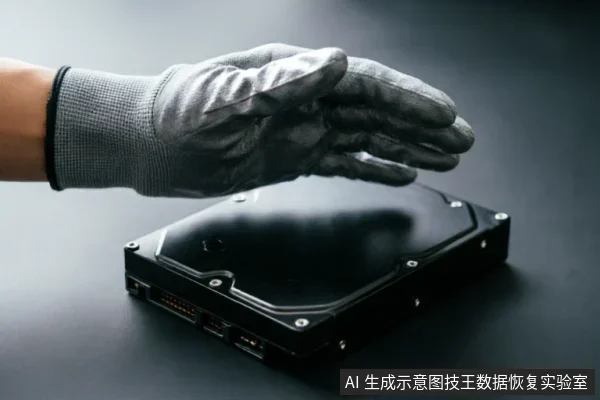 一只戴着灰色防静电手套的手悬停在一块黑色机械硬盘上方,展示专业接触存储介质的规范动作。画面聚焦于硬件主体与防护操作,背景简洁,无多余文字或屏幕显示。