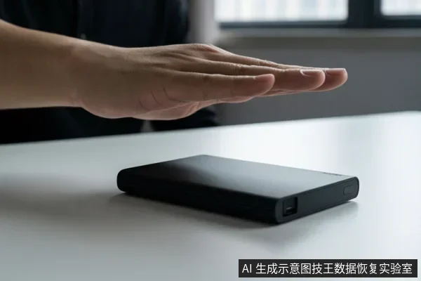 一只手平放在白色桌面上方,下方放置一个黑色移动硬盘,背景为室内环境。