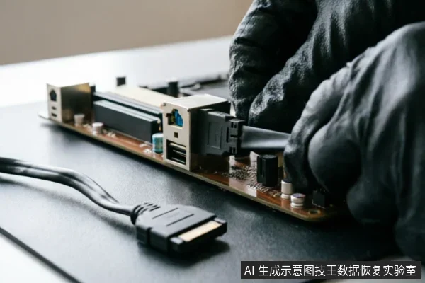 戴着黑色防静电手套的双手正在将SATA数据线插入主板背部的接口,旁边桌面上放置着另一根SATA数据线的接头。画面清晰展示了台式机内部线缆连接与排查的动作细节。