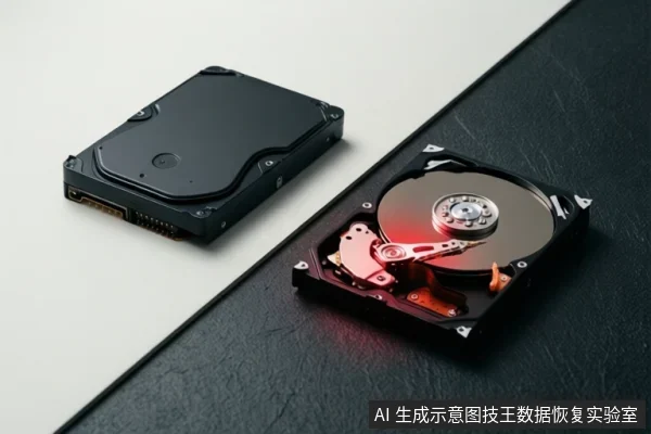 画面中并排放置两块机械硬盘，左侧硬盘外壳完整，右侧硬盘打开上盖，露出盘片、主轴和磁头组件，盘片表面有红色反光。