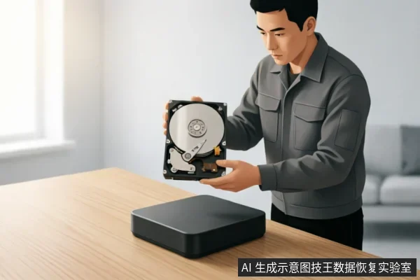 一名身穿灰色工装的男子手持一块已打开外壳的机械硬盘，正低头仔细检查内部盘片与磁头结构。木质桌面上放置着一个黑色的方形设备盒，背景为明亮的室内环境，展示了技术人员对硬盘介质进行物理检视的场景。
