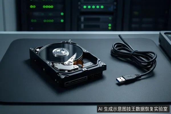 黑色桌面上放置一块打开顶盖的机械硬盘,旁边有一根盘绕的USB数据线,背景为带绿色指示灯的机架设备。
