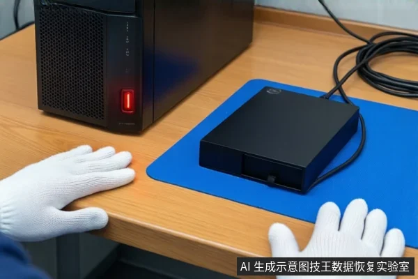 木质桌面上,左侧竖立一台黑色塔式主机,电源按钮亮红灯。右侧蓝色防静电垫上平放一个黑色外接硬盘盒,连接着黑色线缆。前景一双戴白手套的手平放在桌边。