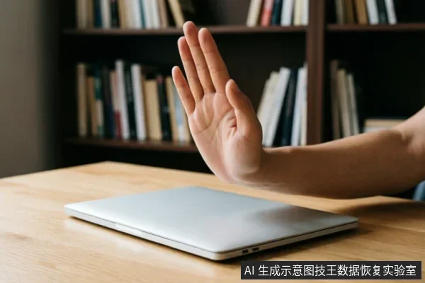 一只手掌在闭合的笔记本电脑前做出明确的停止手势，示意拒绝操作。背景为模糊的书架，主体清晰，传达出在电脑故障时立即停止尝试、避免进一步损坏的警示含义。