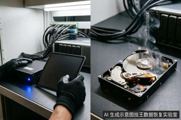 左图显示戴黑手套的操作员在服务器机架旁使用平板电脑连接硬盘设备进行检测;右图展示一个正在冒烟、严重烧毁的机械硬盘内部结构。画面直观呈现了数据恢复场景及硬件物理损坏的极端状态。