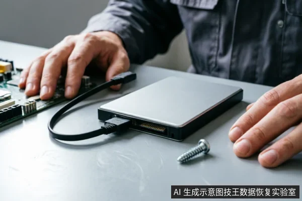 特写镜头展示一名技术人员的双手正在操作，一根黑色数据线已稳固连接至银色移动硬盘的接口。桌面上放置有一块电路板和一颗螺丝，背景虚化，体现了硬件连接排查与数据恢复的专业场景。
