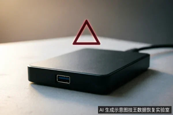 一个黑色的移动硬盘放置在桌面上，侧面连接着数据线，清晰可见蓝色的USB接口。硬盘上方悬浮着一个红色的三角形警告符号，示意风险或注意。