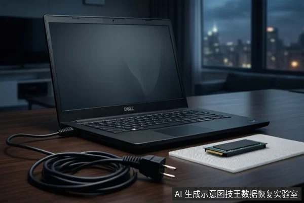 木质桌面上放置一台黑色Dell笔记本电脑，屏幕关闭。前景有一根盘绕的黑色电源线，右侧白色垫子上平放一块M.2固态硬盘。背景为模糊的城市夜景。