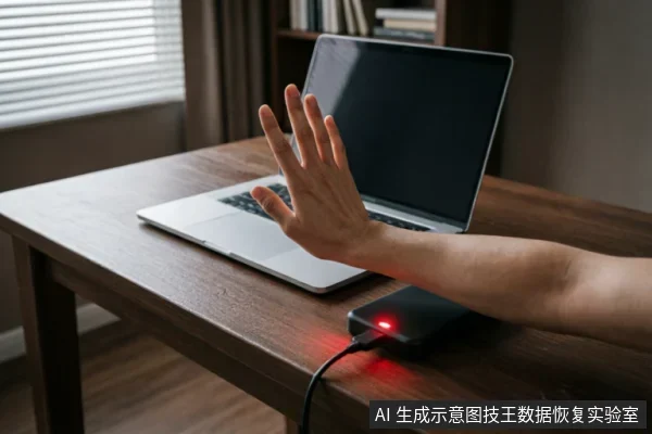一只手臂伸向木质桌面上的笔记本电脑，手掌张开做出停止或拒绝的手势。电脑旁连接着一个亮着红灯的黑色移动硬盘盒，暗示设备故障或需要立即断电保护。