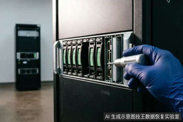 画面展示了一只戴着蓝色防静电手套的手,正使用电动螺丝刀对机架式服务器中的硬盘托架进行拆装操作。背景可见另一组服务器机柜,体现了专业数据恢复或硬件维修的实体检测环境。