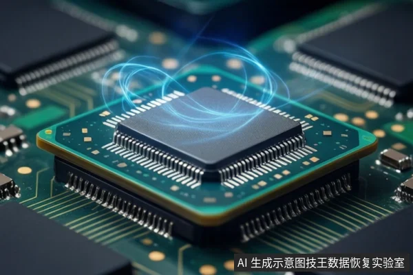 绿色电路板上平放一块黑色方形芯片,芯片上方有蓝色光效环绕,周围可见其他电子元件。