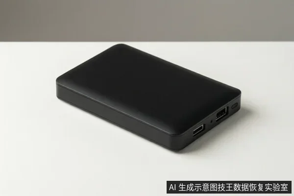 白色桌面上放置一个黑色矩形移动存储设备,侧面可见USB接口,设备处于静止状态。