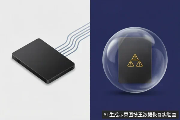 左侧展示一个连接着数据线的黑色移动硬盘，象征软件层面的逻辑连接；右侧为被透明气泡包裹的存储芯片，表面印有黄色警告标志，象征硬件故障与物理隔离。画面通过对比直观呈现了逻辑修复与硬件保护的区别。